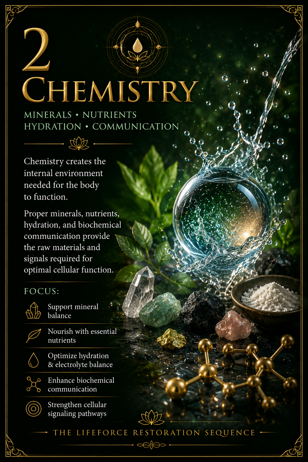 Phase Two Chemistry infographic explaining minerals, nutrients, hydration and biochemical communication.