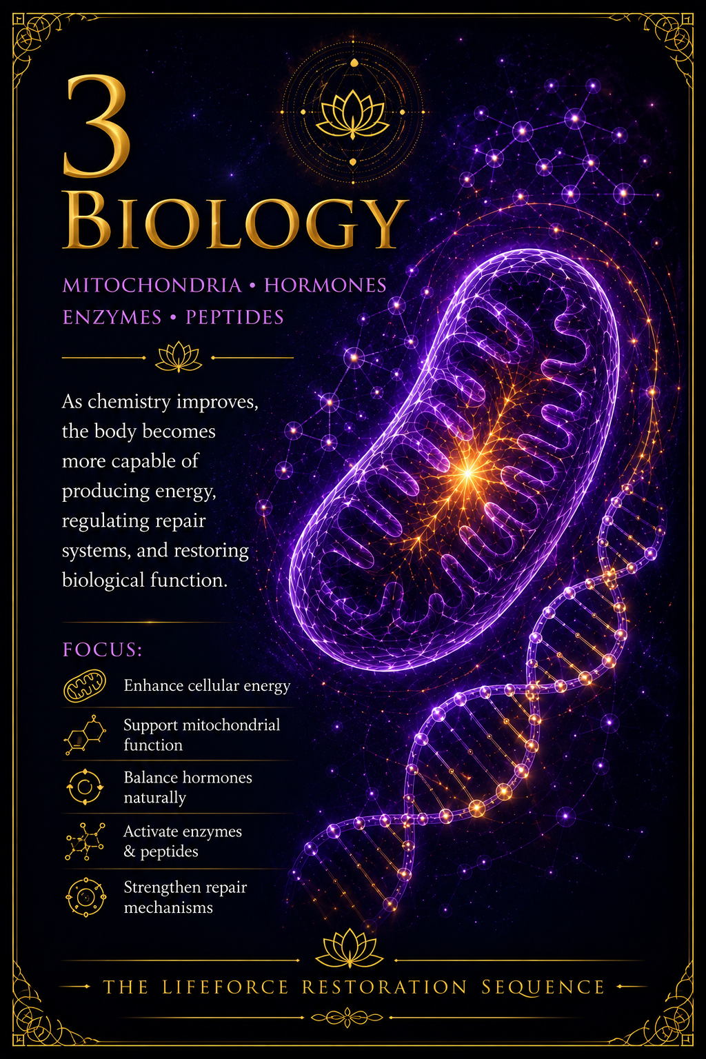 Phase Three Biology infographic explaining mitochondria, hormones, enzymes and peptides.